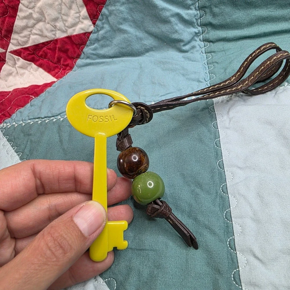 Fossil Yellow Skeleton Key Bag Charm Leather Strap Beaded Fob